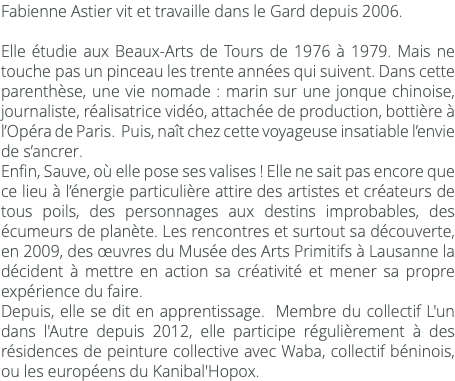 Fabienne Astier vit et travaille dans le Gard depuis 2006. Elle étudie aux Beaux-Arts de Tours de 1976 à 1979. Mais ne touche pas un pinceau les trente années qui suivent. Dans cette parenthèse, une vie nomade : marin sur une jonque chinoise, journaliste, réalisatrice vidéo, attachée de production, bottière à l’Opéra de Paris. Puis, naît chez cette voyageuse insatiable l’envie de s’ancrer. Enfin, Sauve, où elle pose ses valises ! Elle ne sait pas encore que ce lieu à l’énergie particulière attire des artistes et créateurs de tous poils, des personnages aux destins improbables, des écumeurs de planète. Les rencontres et surtout sa découverte, en 2009, des œuvres du Musée des Arts Primitifs à Lausanne la décident à mettre en action sa créativité et mener sa propre expérience du faire. Depuis, elle se dit en apprentissage. Membre du collectif L'un dans l'Autre depuis 2012, elle participe régulièrement à des résidences de peinture collective avec Waba, collectif béninois, ou les européens du Kanibal'Hopox. 